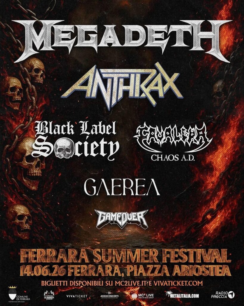 Megadeth, Anthrax, Black Label Society, Cavalera, Gaerea i Game Over na Ferrara Summer Festivalu 2026 u Ferrari 14. lipnja na Piazza Ariostea