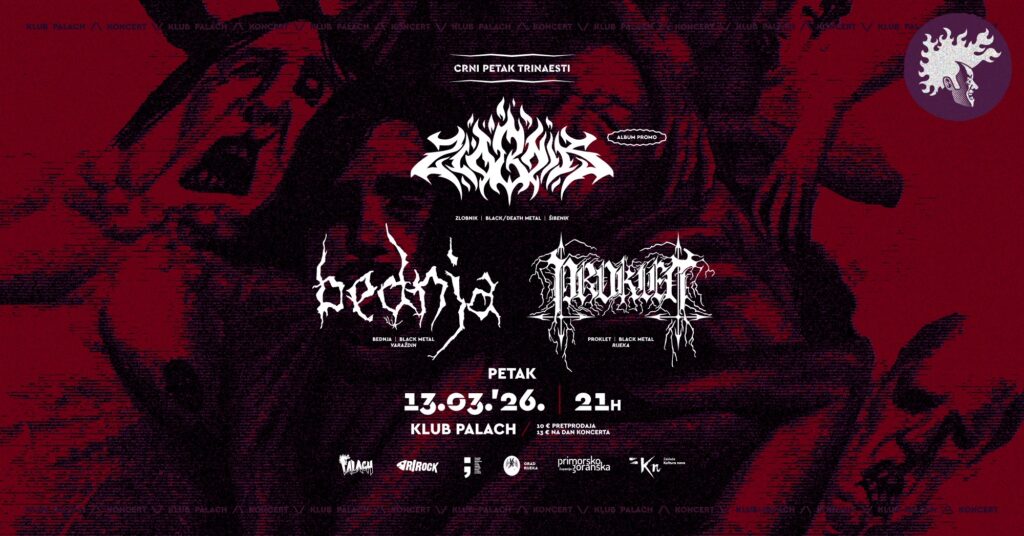 Plakat za koncert Crni petak trinaesti u Klubu Palach u Rijeci 13. ožujka 2026. uz nastupe Zlobnik, Bednja i Proklet.