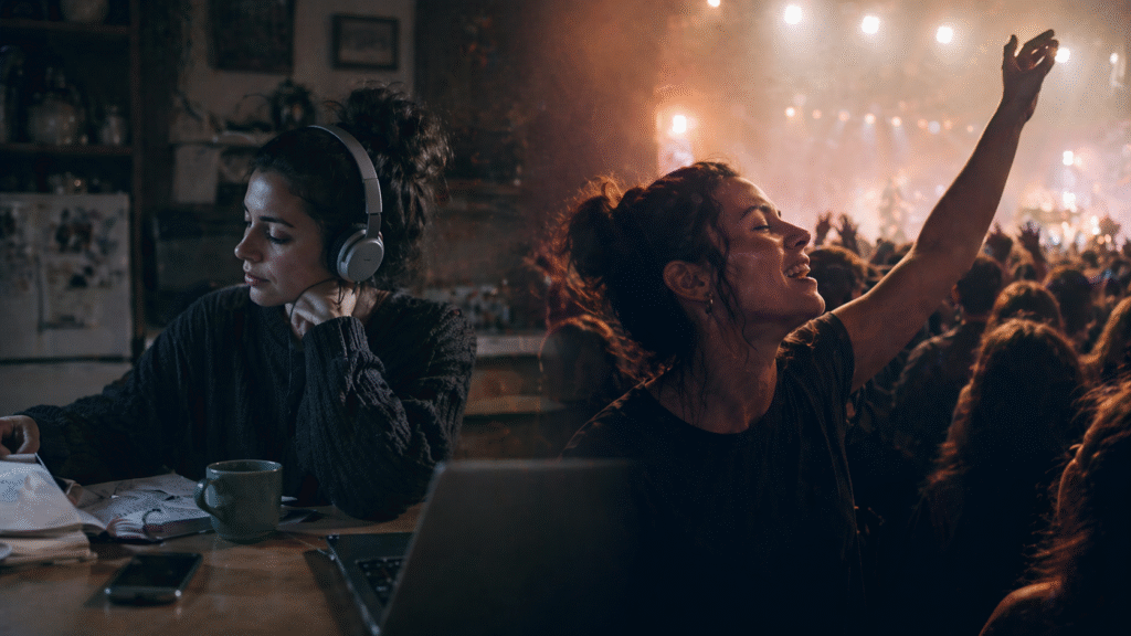 Žena sluša glazbu kod kuće sa slušalicama, dok se scena pretapa u atmosferu koncerta i publike