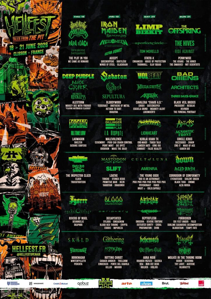 Hellfest 2026 lineup plakat s izvođačima Iron Maiden, Bring Me The Horizon, Limp Bizkit, The Offspring, Helloween, Deep Purple, Sabaton, Volbeat i Bad Omens