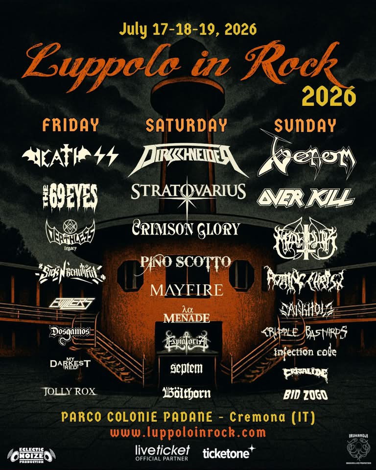 Plakat festivala Luppolo in Rock 2026 s imenima Venom, Dirkschneider, Death SS, Stratovarius i Overkill.
