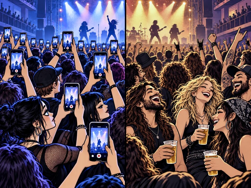 Karikatura koncertne publike, s jedne strane fanovi koji snimaju nastup mobitelima, a s druge opuštena publika koja uživa u koncertu s pivom u ruci.