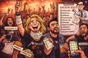 Ilustracija koncertne publike s humorističnim prikazom izmišljenih koncertnih bolesti poput selfiekardije, vratolomitisa i refrenoze