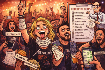 Ilustracija koncertne publike s humorističnim prikazom izmišljenih koncertnih bolesti poput selfiekardije, vratolomitisa i refrenoze