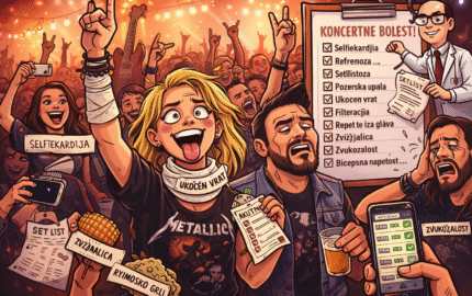 Ilustracija koncertne publike s humorističnim prikazom izmišljenih koncertnih bolesti poput selfiekardije, vratolomitisa i refrenoze