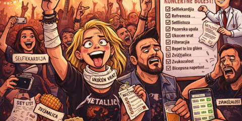 Ilustracija koncertne publike s humorističnim prikazom izmišljenih koncertnih bolesti poput selfiekardije, vratolomitisa i refrenoze