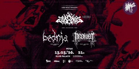 Plakat za koncert Crni petak trinaesti u Klubu Palach u Rijeci 13. ožujka 2026. uz nastupe Zlobnik, Bednja i Proklet.