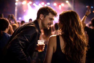 Muškarac u kožnoj jakni naginje se prema djevojci u publici na koncertu pod reflektorima