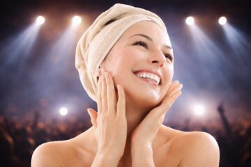 Žena dodiruje lice ispred zamućene koncertne pozadine sa svjetlima reflektora kao ilustracija njege kože prije koncerta