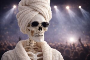 Kostur u ručniku i sunčanim naočalama ispred zamućene koncertne pozadine kao humoristična ilustracija njege kože poslije koncerta