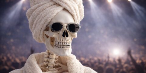 Kostur u ručniku i sunčanim naočalama ispred zamućene koncertne pozadine kao humoristična ilustracija njege kože poslije koncerta