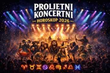 Proljetni koncertni horoskop 2026 s horoskopskim znakovima na koncertu pod pozornim svjetlima