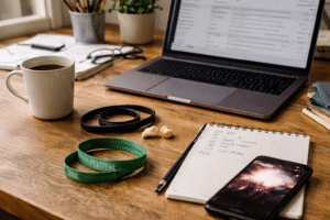 Radni stol nekoliko dana nakon koncerta s laptopom, bilježnicom, kavom, čepićima za uši i koncertnom narukvicom