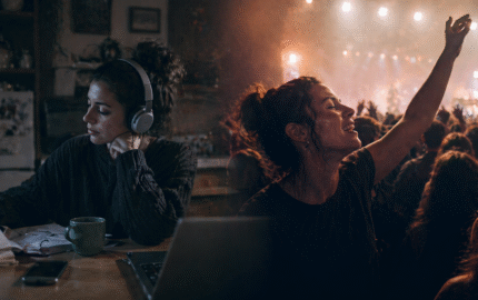 Žena sluša glazbu kod kuće sa slušalicama, dok se scena pretapa u atmosferu koncerta i publike