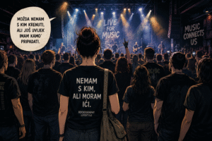 Osoba koja je sama došla na koncert stoji među publikom i gleda bend na pozornici.