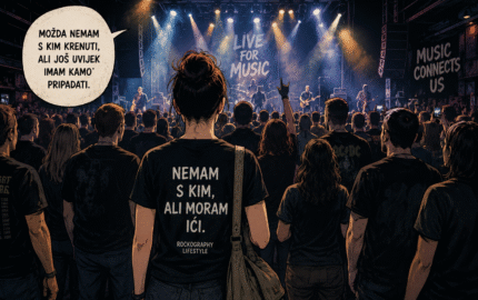 Osoba koja je sama došla na koncert stoji među publikom i gleda bend na pozornici.