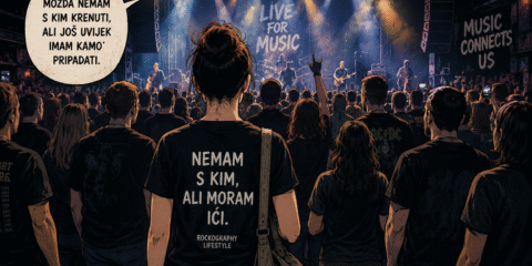 Osoba koja je sama došla na koncert stoji među publikom i gleda bend na pozornici.