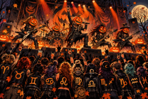 Jesenski rock i metal koncertni horoskop 2026 s horoskopskim znakovima u publici i pumpkin metal bendom na pozornici