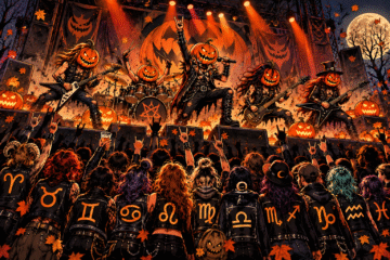 Jesenski rock i metal koncertni horoskop 2026 s horoskopskim znakovima u publici i pumpkin metal bendom na pozornici