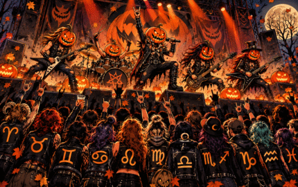Jesenski rock i metal koncertni horoskop 2026 s horoskopskim znakovima u publici i pumpkin metal bendom na pozornici