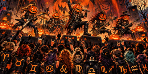 Jesenski rock i metal koncertni horoskop 2026 s horoskopskim znakovima u publici i pumpkin metal bendom na pozornici