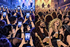 Karikatura koncertne publike, s jedne strane fanovi koji snimaju nastup mobitelima, a s druge opuštena publika koja uživa u koncertu s pivom u ruci.