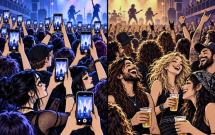 Karikatura koncertne publike, s jedne strane fanovi koji snimaju nastup mobitelima, a s druge opuštena publika koja uživa u koncertu s pivom u ruci.